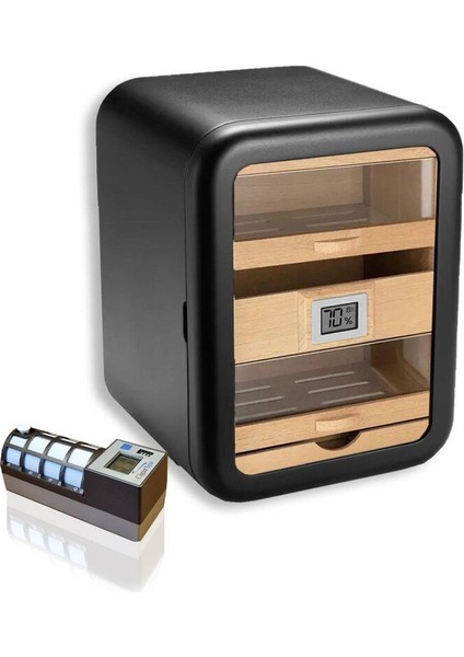 Camlı 5 Çekmeceli Puro Kutusu Humidor Siyah 80's Cigarspa Elektronik Nemlendirme