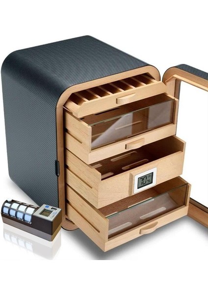 Camlı 5 Çekmeceli Puro Kutusu Humidor Siyah 80's Cigarspa Elektronik Nemlendirme fiyatları