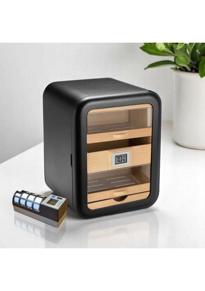Camlı 5 Çekmeceli Puro Kutusu Humidor Siyah 80's Cigarspa Elektronik Nemlendirme modelleri