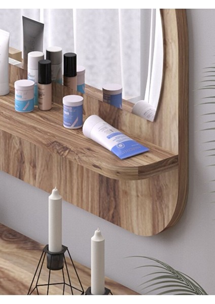 Raflı Oval 45 cm Koridor Dresuar Konsol Duvar Salon Banyo Ofis Çocuk Yatak Oda Raflı Aynası fırsatları