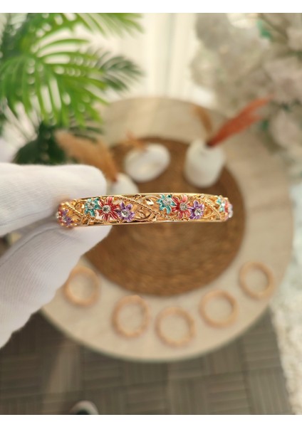 Kadın Mineli Renkli Çiçek Desen Vintage Bileklik