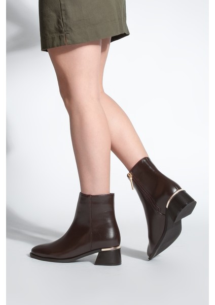Kadın Metal Ökçe Kalın Topuklu Bot Lumbi Kahve