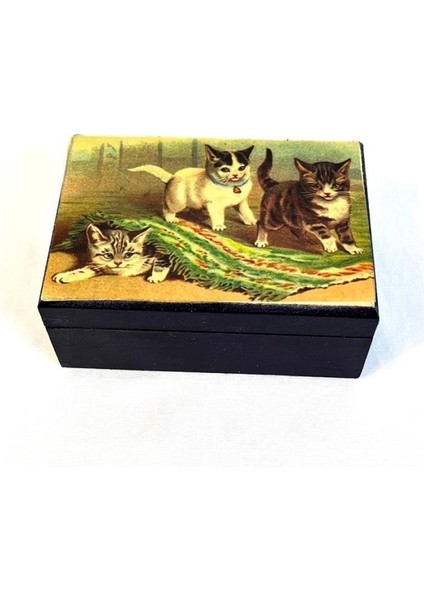 8214 El Yapımı Nostaljik Retro Kedi Baskılı Dikdörtgen Ahşap Dekoratif Saklama / Takı Kutusu - Mor fırsatları