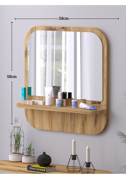 Raflı Kare 58 cm Koridor Dresuar Konsol Duvar Salon Banyo Ofis Çocuk Yatak Oda Raflı Aynası indirimleri