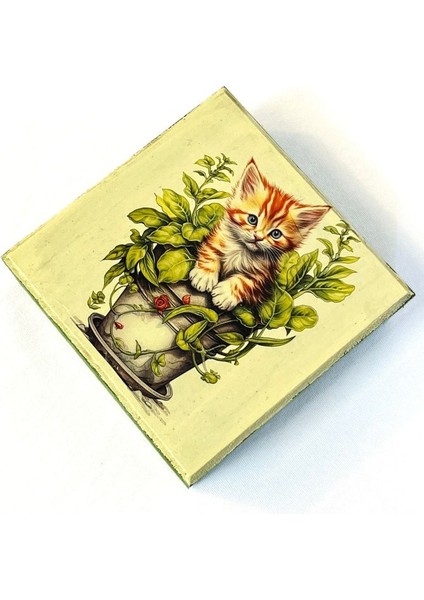 3858 El Yapımı Nostaljik Retro Kedi Baskılı Kare Ahşap Dekoratif Saklama / Takı Kutusu - Yeşil