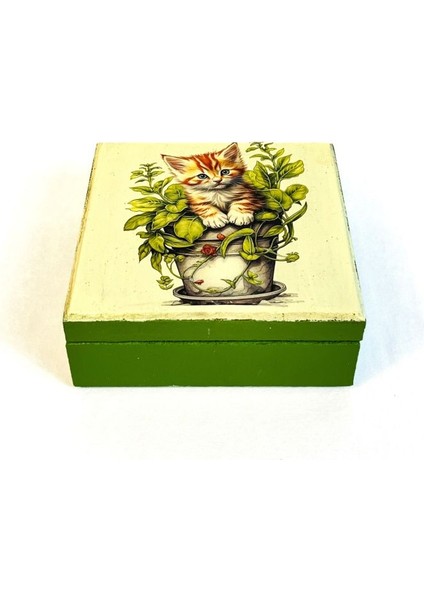 3858 El Yapımı Nostaljik Retro Kedi Baskılı Kare Ahşap Dekoratif Saklama / Takı Kutusu - Yeşil fiyatları