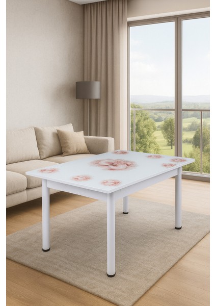 Yandan Açılır Büyüyen Cam Mutfak Masası Bahar Orkide Beyaz Ayaklı 60X90CM