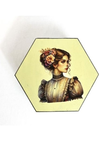 2552 El Yapımı Nostaljik Retro Kız Baskılı Altıgen Ahşap Dekoratif Saklama / Takı Kutusu – Yeşil