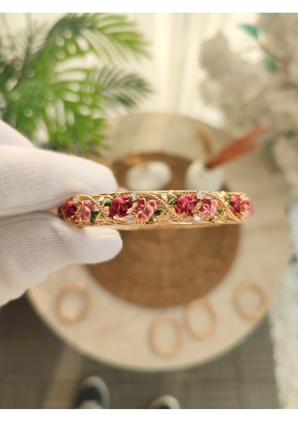 Kadın Mineli Renkli Gül Desen Vintage Bileklik