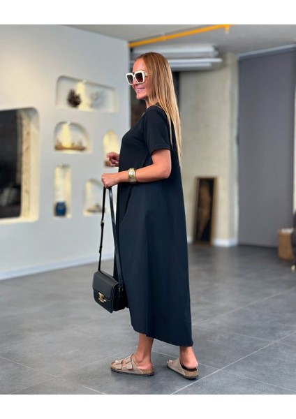 Eyesof Kadın Kısa Kollu Bisiklet Yaka Asimetrik Kesim Ön Viskon Arkası Trikoton Elbise fırsatları