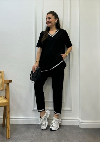 Eyesof Kadın Kısa Kollu V Yakalı Iki Iplik Bluz ve Pantolon Ikili Takım