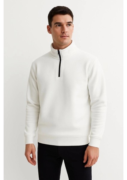 Erkek Dik Yaka Sweatshirt Dik Yaka Yarım Fermuarlı 3 Iplik Şardonlu Pamuk Kumaş - Beyaz