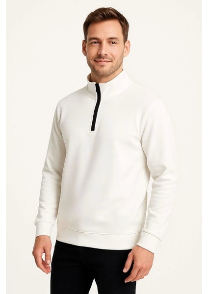 Erkek Dik Yaka Sweatshirt Dik Yaka Yarım Fermuarlı 3 Iplik Şardonlu Pamuk Kumaş - Beyaz