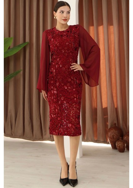 Pulpayet ve Şifon Kollu Kadife Midi Elbise 6045-BORDO