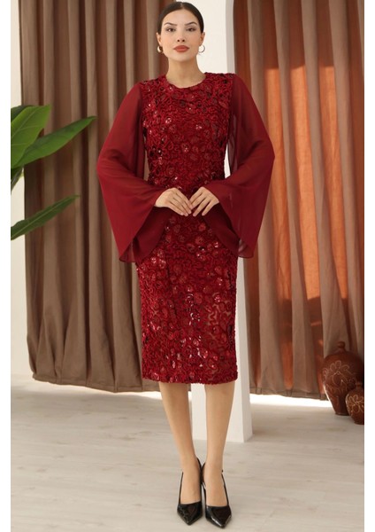 Pulpayet ve Şifon Kollu Kadife Midi Elbise 6045-BORDO fiyatları