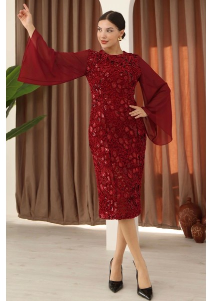 Pulpayet ve Şifon Kollu Kadife Midi Elbise 6045-BORDO modelleri