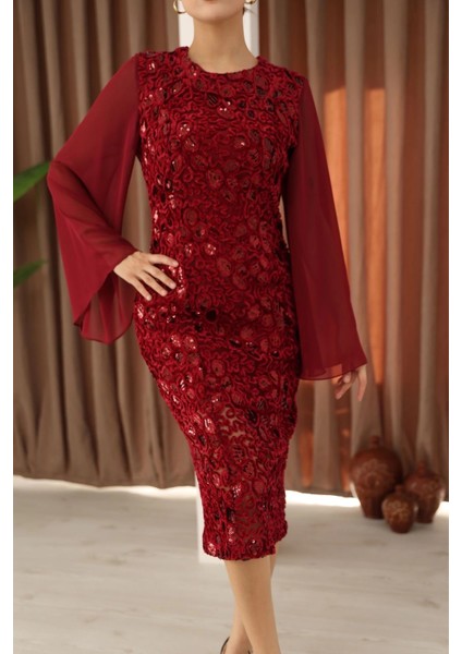 Pulpayet ve Şifon Kollu Kadife Midi Elbise 6045-BORDO fırsatları