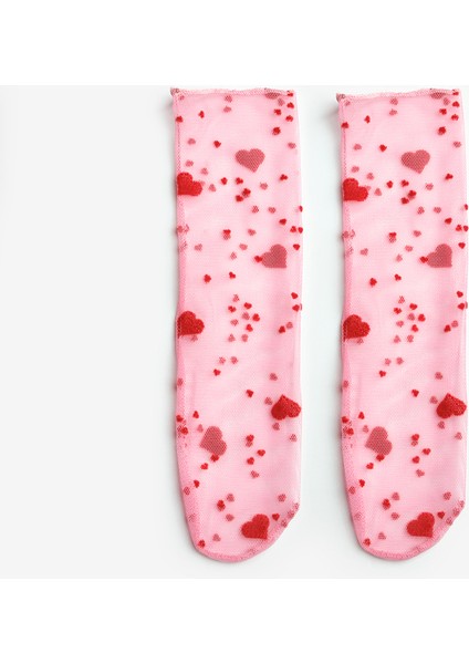 Pembe Flok Kalp Baskılı Kız Çocuk Tül Çorap
