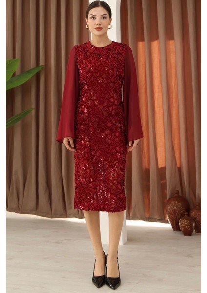 Pulpayet ve Şifon Kollu Kadife Midi Elbise 6045-BORDO