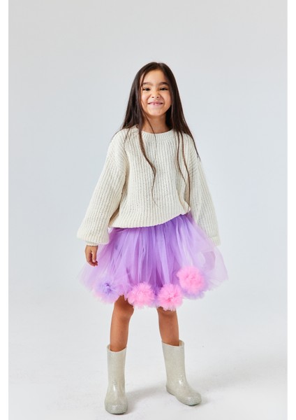 Lila Ponpon Detaylı Kız Çocuk Etek - Hilda