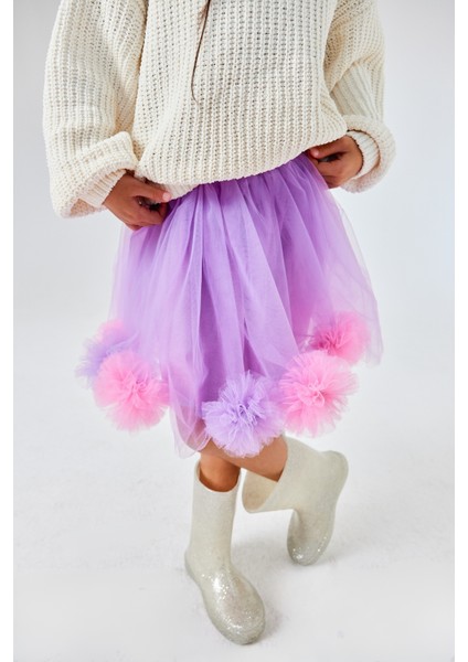 Lila Ponpon Detaylı Kız Çocuk Etek - Hilda