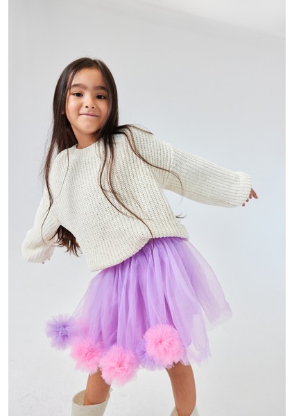 Lila Ponpon Detaylı Kız Çocuk Etek - Hilda