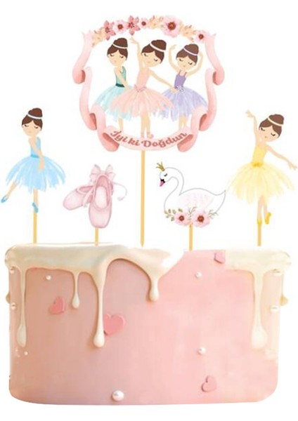 Çok Renkli Kuğu ve Balerin Figürlü 5'li Kürdan Pasta Süsü