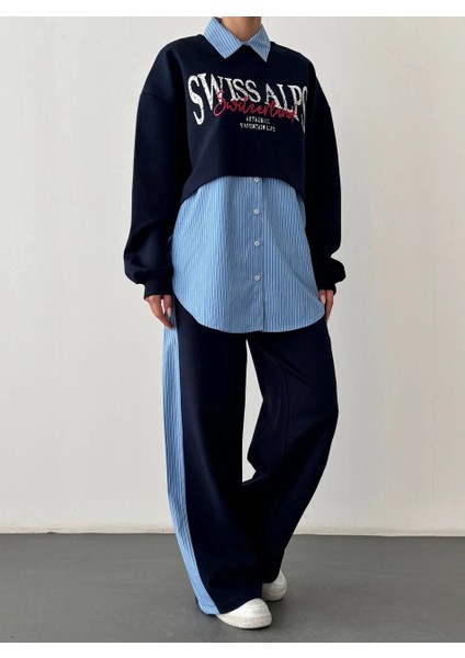 Çizgili Gömlek Garnili Yazı Baskılı Oversize Sweatshirt-Mavi modelleri
