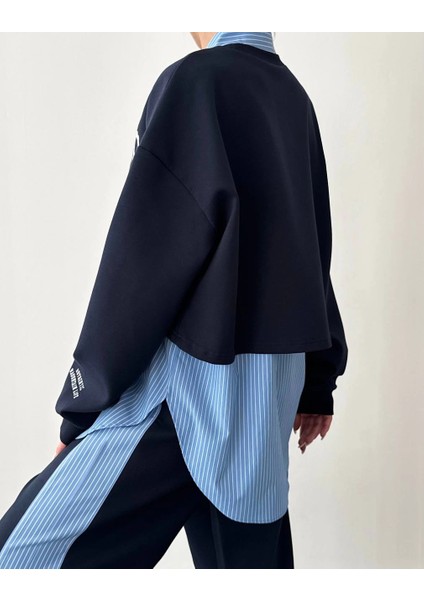 Çizgili Gömlek Garnili Yazı Baskılı Oversize Sweatshirt-Mavi fırsatları