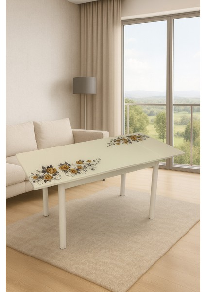 Yandan Açılır Büyüyen Cam Mutfak Masası Capicino Güllü - Beyaz Ayaklı 70X110 cm
