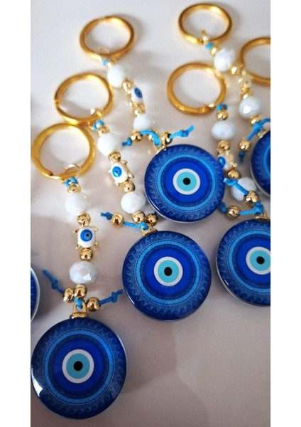 Hediyelik Nazar Boncuklu Bayaz Kristal Boncuklu Mavi Anahtarlık - Çanta Süsü - Çanta Charmı 11,5cm indirimleri