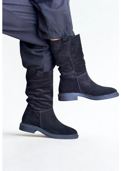 Siyah Süet Hakiki Deri Körüklü Rahat Kadın Günlük Çizme