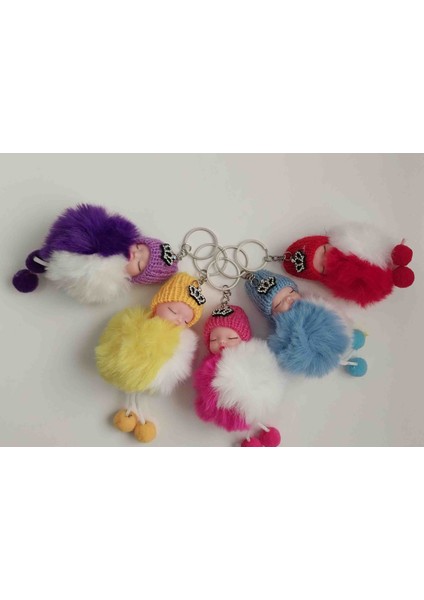 Hediyelik Sevimli Bebek Figürlü Ponponlu Anahtarlık – 5 'li Renkli Yumuşak Tüylü Peluş Charm Anahtarlık