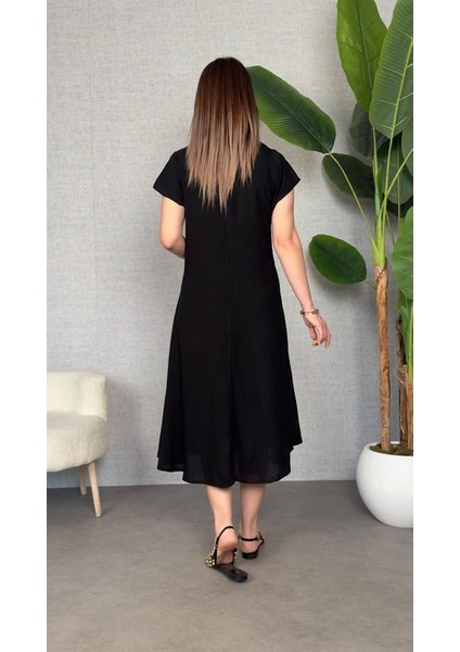 Kadın Kısa Kollu V Yaka Salaş Maxi Boy Elbise Siyah-Standart modelleri