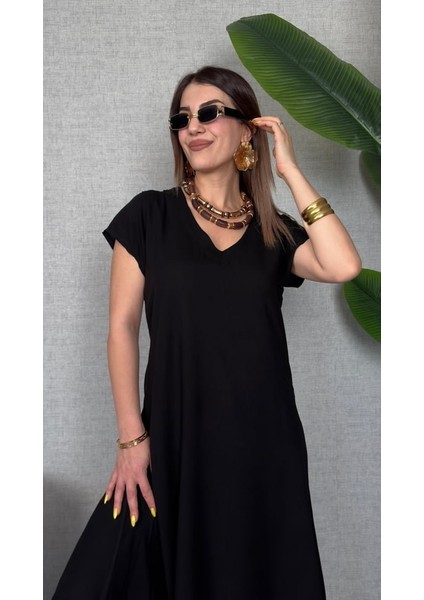 Kadın Kısa Kollu V Yaka Salaş Maxi Boy Elbise Siyah-Standart fırsatları
