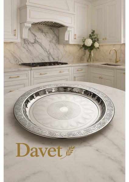 Paslanmaz Çelik Desenli Yuvarlak Çay Tepsi Kahve Servis Sunum Tepsi 36 cm