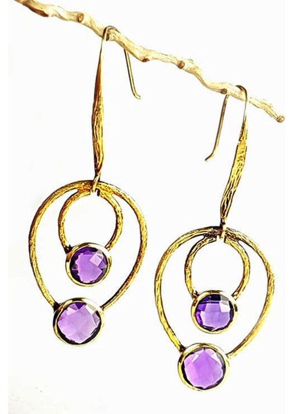 Ametist taşlı gümüş üzerine altın kaplama el işi tasarım küpe