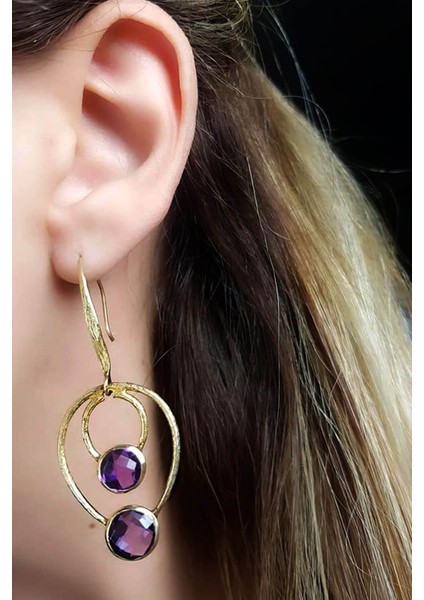 Ametist taşlı gümüş üzerine altın kaplama el işi tasarım küpe fiyatları