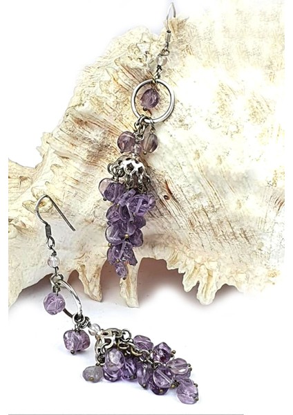 Ametist taşlı 925 ayar gümüş el işi tasarım küpe