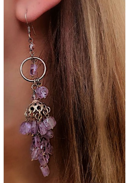 Ametist taşlı 925 ayar gümüş el işi tasarım küpe fiyatları