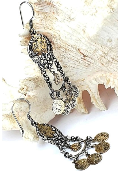 Eski Paralı tasarım el işi gümüş küpe