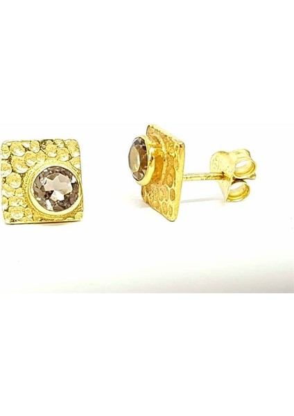 Dumanlı Kuvars Taşlı Gümüş Altın Kaplamalı Tasarım Küpe