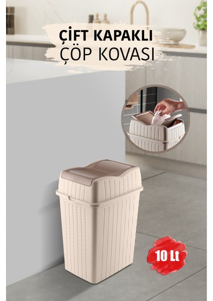 10 L - Çift Kapaklı Slim Çöp Kovası - Dekoratif Ev Ofis Banyo & Mutfak Düzenleyici Çöp Kutusu Krem