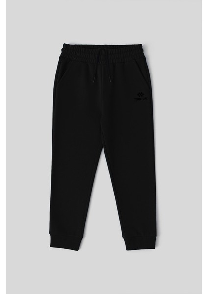 Siyah Standart Fit Manşetli Ince Erkek Çocuk Eşofman Alt - 11062