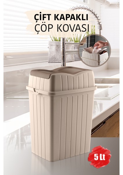 5 L - Çift Kapaklı Slim Çöp Kovası - Dekoratif Tezgah Üstü Ev Ofis Banyo & Mutfak Çöp Kutusu Krem