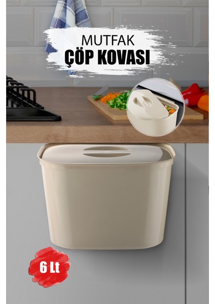 Askılı Fonksiyonel Çöp Kutusu 6l - Dolap Kapağına Asılabilir Pratik Tezgah Altı Çöp Kovası Krem