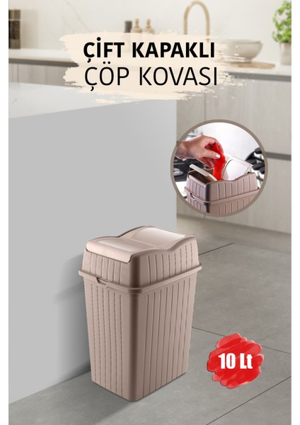10 L - Çift Kapaklı Slim Çöp Kovası - Dekoratif Ev Ofis Banyo Mutfak Düzenleyici Çöp Kutusu Kahve