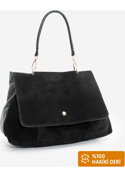 Kadın Hakiki Deri Fermuarlı Çıkabilen İç Cepli El ve Omuz Çantası Ornis Siyah Süet