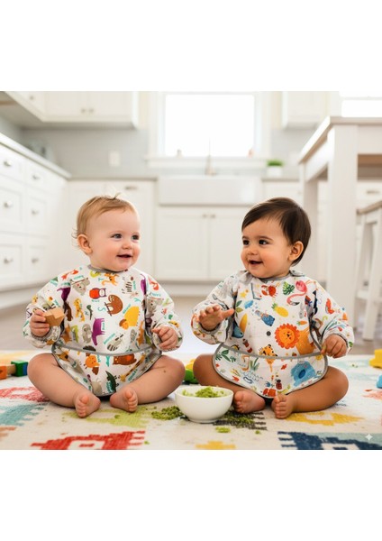 2'li Ekonomik Set, Jungle ve Zoo 6-24AY Uzun Kollu, Sıvı Geçirmeyen Bebek Önlük, Cepli ve Arkadan Cırtlı