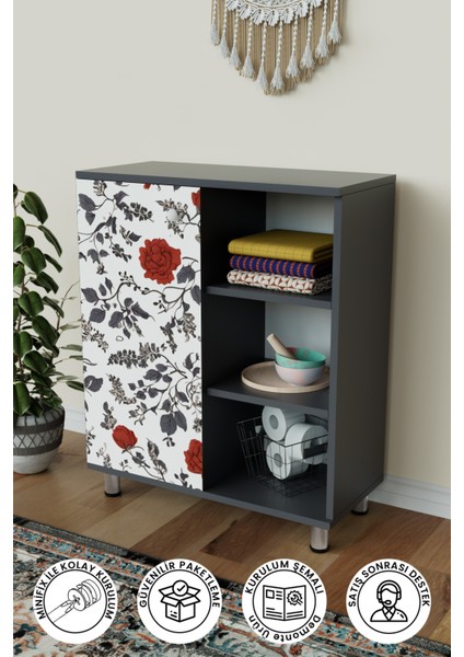 3 Raflı Tek Kapak Floral Çok Amaçlı Dolabı Mutfak Kiler Banyo Balkon Erzak Dolabı